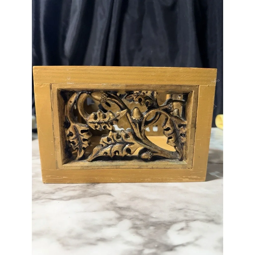 Heavy Solid Wood Decorative Box w/ Carved Acorn & Oak Leaf Panels 6×5×4.5 (2757)